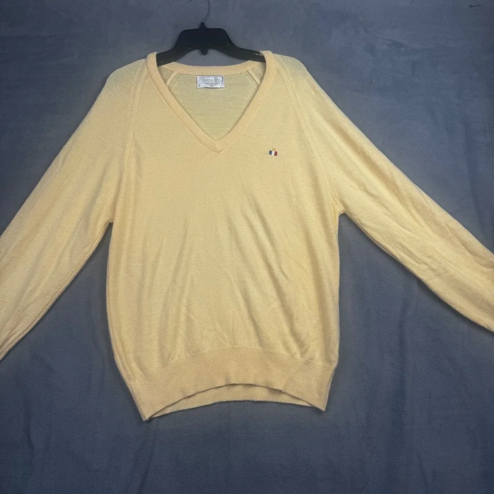Christian Dior Monsieur Vintage VNeck Sweater Yellow Orlon Acrylic Made in USA M